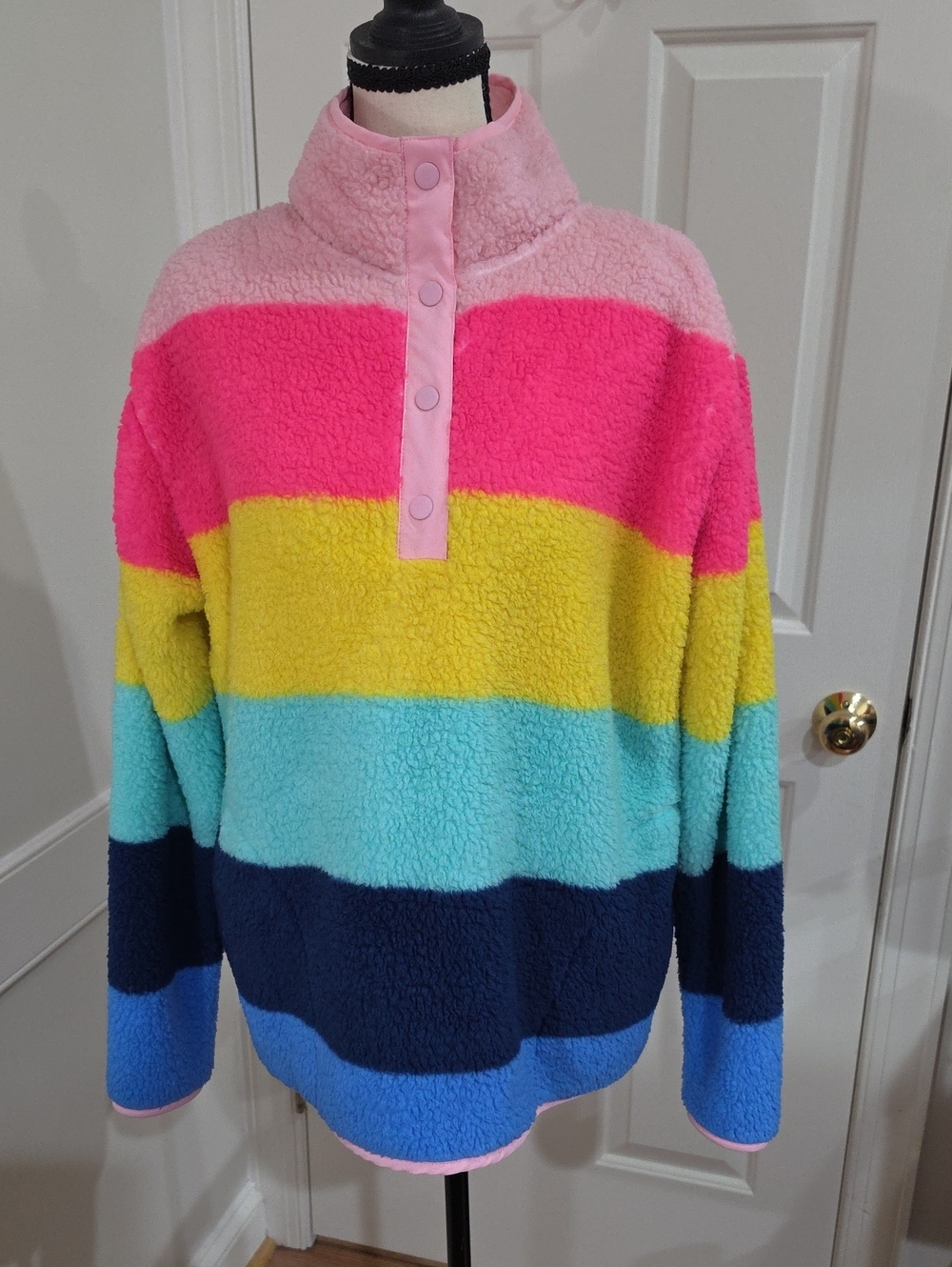 Crown & Ivy Rainbow Striped Sherpa Woobie Fleece Snap Pullover - Size PXL
